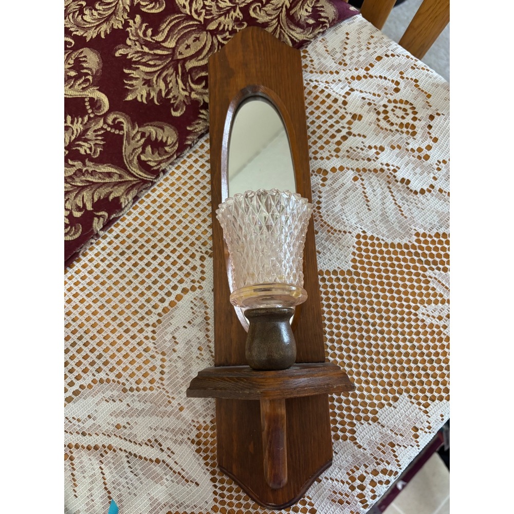 Vintage Wood Wall Sconce Mirror Pink Hobnail Glass Votive Candle Holder Oak